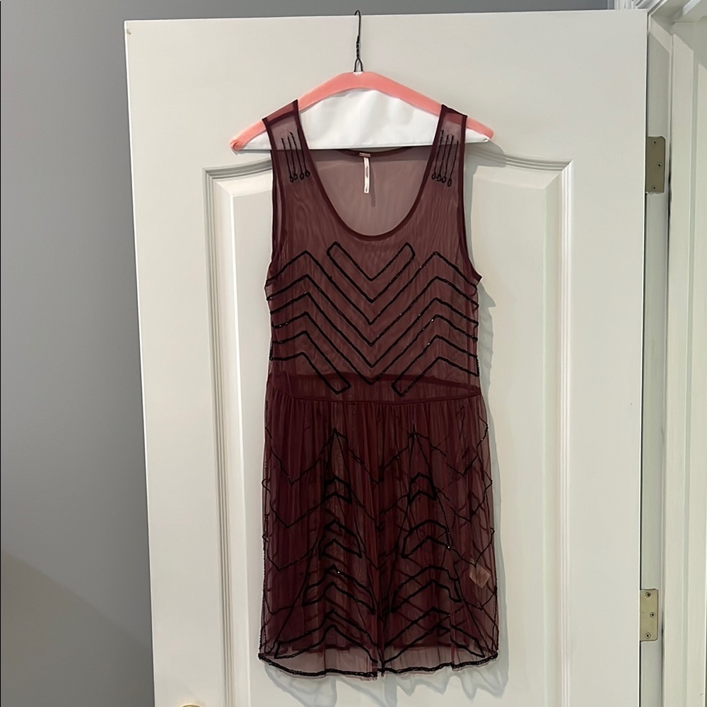 Free People Burgundy Sheer Mini Dress